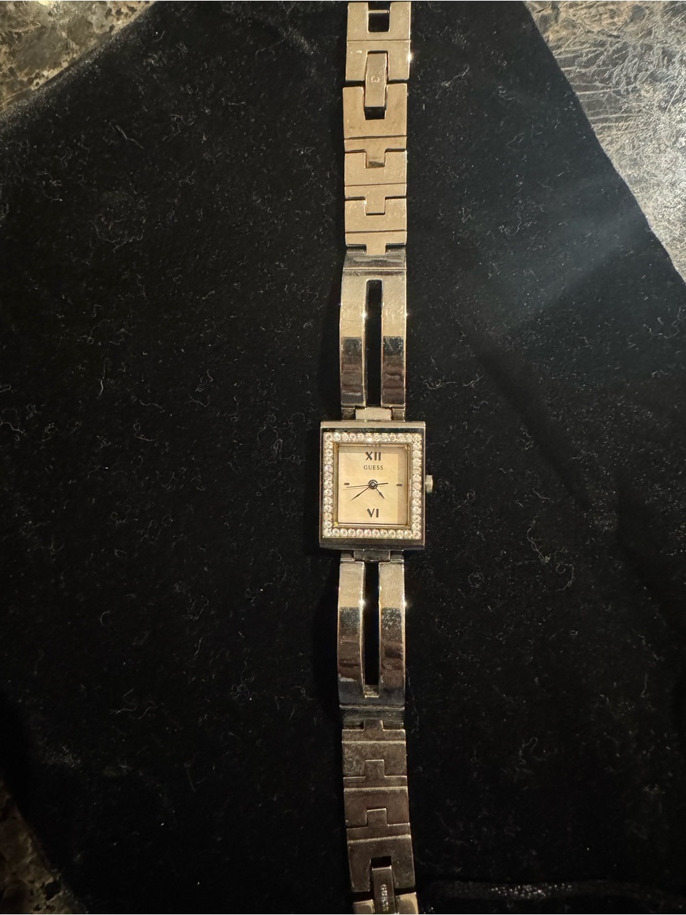 GUESS Silver-Tone Crystal Accent Square Bracelet Watch